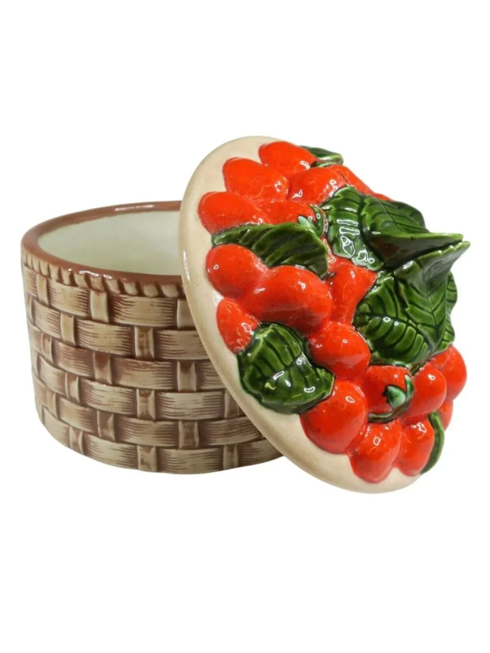 1970s Ceramic Berry Canister - Strawberry Basket Studio Pottery - Signed 1972